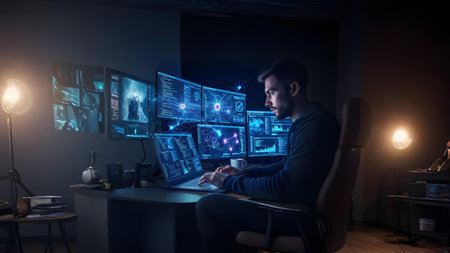 Handsome hacker in dark room using computer to steal information.の素材