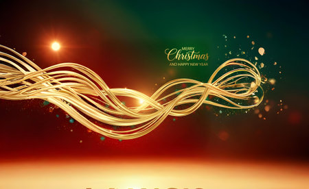 Abstract gold wave with bokeh lights on dark background. Vector illustrationの素材