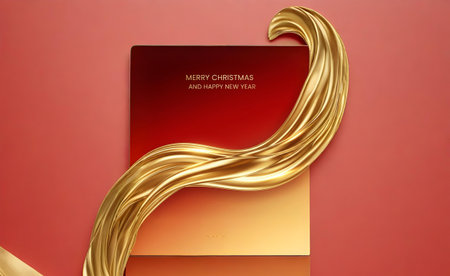 3d render of a golden wavy flowing fabric on a red backgroundの素材