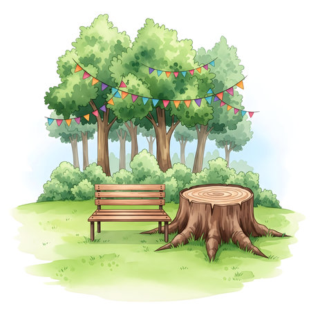 Illustration of a bench and a tree in the park on a white backgroundの素材
