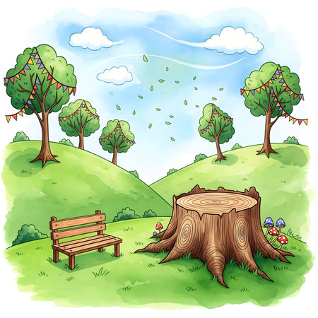 Wooden bench in the park. Vector illustration of a cartoon style.の素材