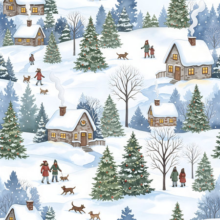 Seamless pattern with cute winter houses and animals. Vector illustrationの素材