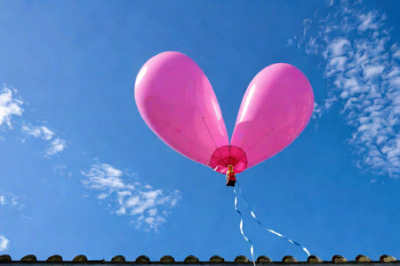 Pink balloon in the shape of a heart against the blue sky.の素材