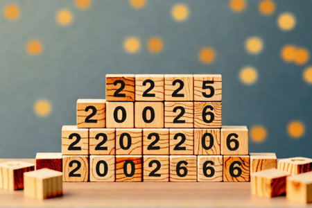 Wooden cubes with numbers 2022 on a gray background with bokehの素材