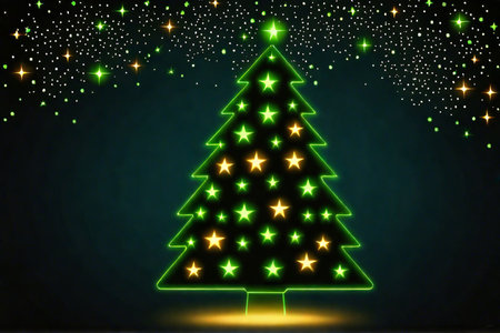 Christmas tree with lights and stars on dark background. Vector illustration.の素材