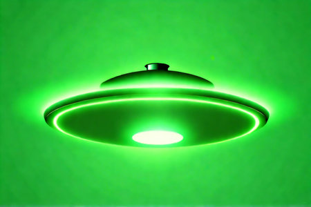 Close up of a green ceiling lamp with glowing lights on it.の素材