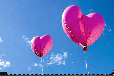 Two pink hot air balloons in the shape of a heart against the blue skyの素材