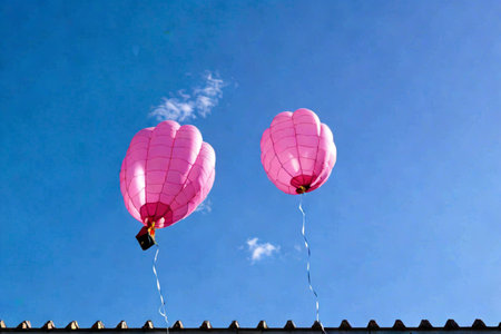 Pink hot air balloons flying in the blue sky with clouds, Thailand.の素材