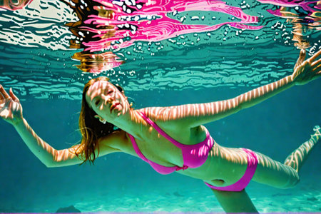 Beautiful young woman swimming underwater in a swimming pool. Underwater world.の素材