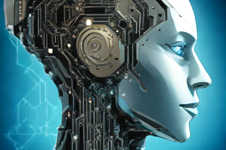 3d rendering humanoid robot or cyborg with circuit board on blue backgroundの素材