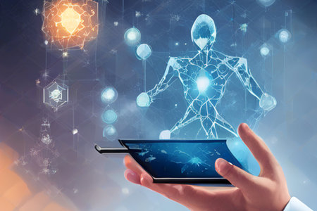 Hand holding tablet with futuristic medical hologram on dark background. Medicine conceptの素材