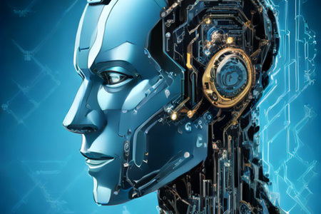 3d rendering of cyborg head with circuit board in blue backgroundの素材