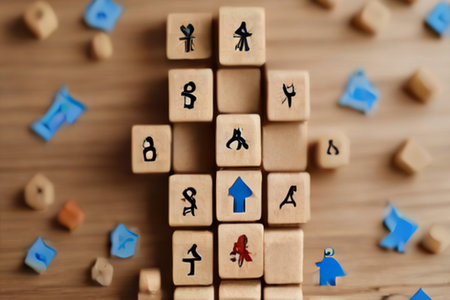 Conceptual image of business strategy. Wooden blocks with icons.の素材