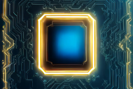 Circuit board with glowing neon frame, 3d rendering toned imageの素材