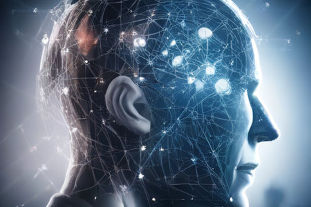 Double exposure of female head and social connection concept. 3D renderingの素材