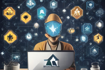 Young man with a laptop and a glowing house icon on the backgroundの素材