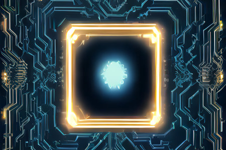 Circuit board with glowing neon frame. 3d rendering toned imageの素材