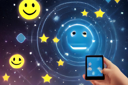 Smartphone in hand with smiley face on background of stars and circlesの素材