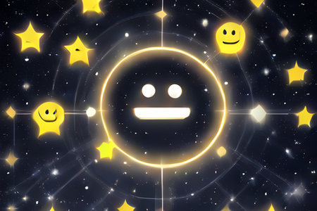 Illustration of a smiling emoticon with stars in the background.の素材