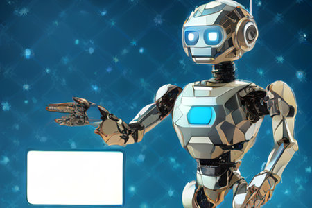Robot with blank signboard. 3D rendering. Technology background.の素材