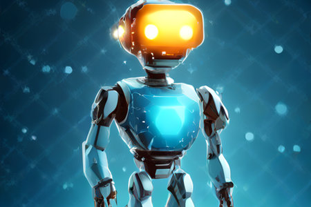 3d rendering robot or cyborg with glowing light on blue backgroundの素材