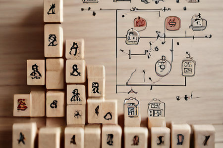 Conceptual image of human resources management. Wooden cubes with iconsの素材