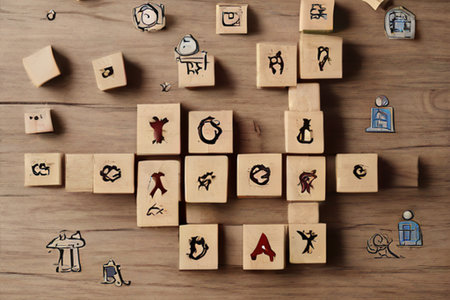 Conceptual image of human resources and management. Wooden cubes with symbolsの素材