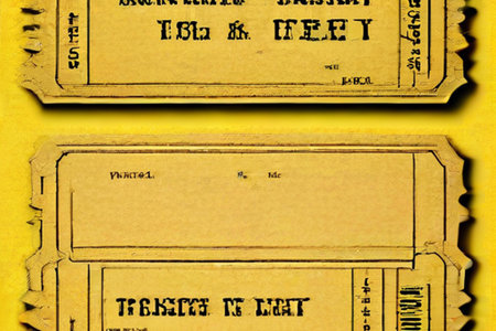 Two old cinema tickets isolated on a yellow background. Selective focus.の素材