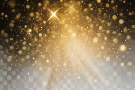 Gold bokeh lights. Sparkling magic dust particles on transparent background.の素材