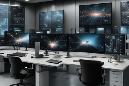 3d rendering of a modern office interior with computers and world mapの素材