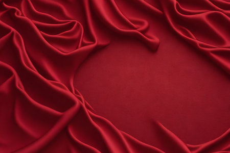 Red satin or silk luxury cloth texture can use as abstract background. Top view.の素材
