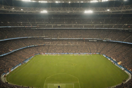 Football stadium with full of fans and players in the stands during the matchの素材