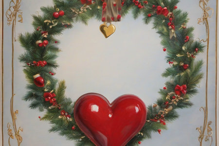 Christmas wreath with red heart on the background of the wall.の素材