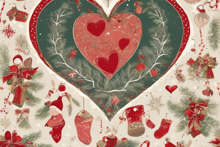Christmas background with snowflakes, gift boxes and red hearts.の素材