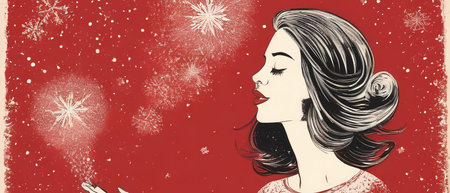 Beautiful woman with snowflakes on red background. Vector illustration.の素材