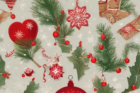 Christmas background with fir branches, snowflakes and christmas decorationsの素材