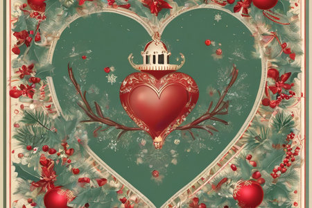 Vintage christmas background with red heart and christmas tree branchesの素材