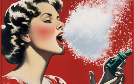 Beautiful girl with a spray gun in her hand on a red backgroundの素材