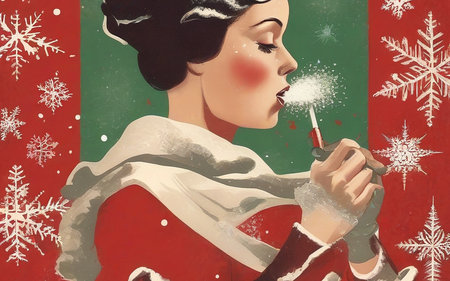 Beautiful girl in Santa Claus costume smoking a cigarette. Christmas illustration.の素材
