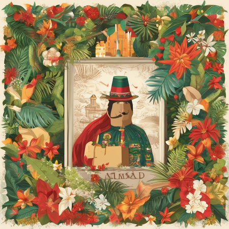 Vintage postcard with Santa Claus, Christmas tree and flowers.の素材