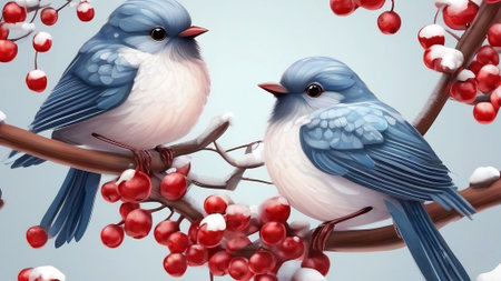 Two blue birds sitting on a branch with red berries. Illustrationの素材