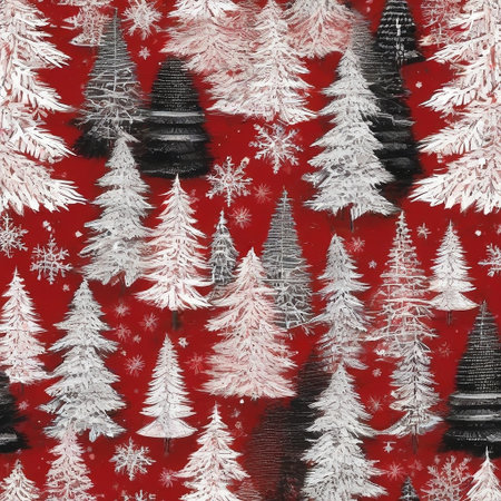 Christmas trees with snowflakes on a red background. Seamless patternの素材