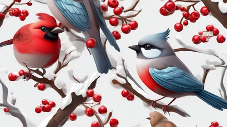 Christmas card with bullfinches and rowan berries on white backgroundの素材