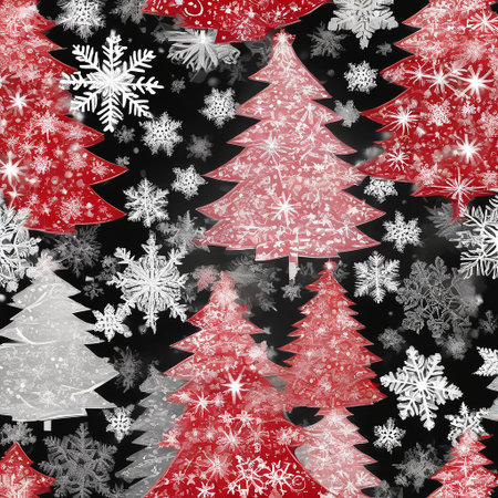 christmas seamless texture with snowflakes and fir trees on black backgroundの素材