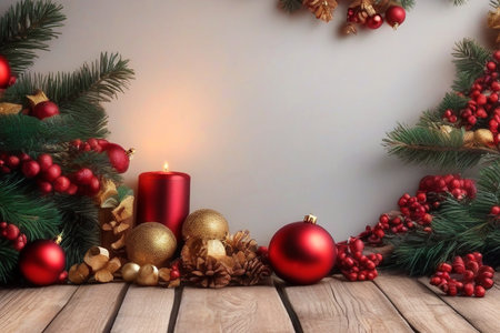 Christmas and New Year background with fir branches, candles, cones and berries.の素材