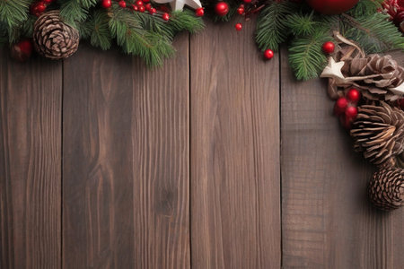 Christmas decoration on brown wooden background. Top view with copy space.の素材