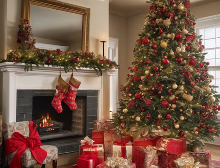 Beautiful living room with a Christmas tree, fireplace and presents.の素材