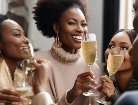 leisure, drinks, friendship and people concept - group of smiling african american women drinking champagne at restaurantの素材