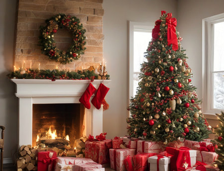 Christmas tree with presents and fireplace in living room, view from windowの素材