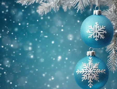 Christmas background with blue baubles and snowflakes on blueの素材